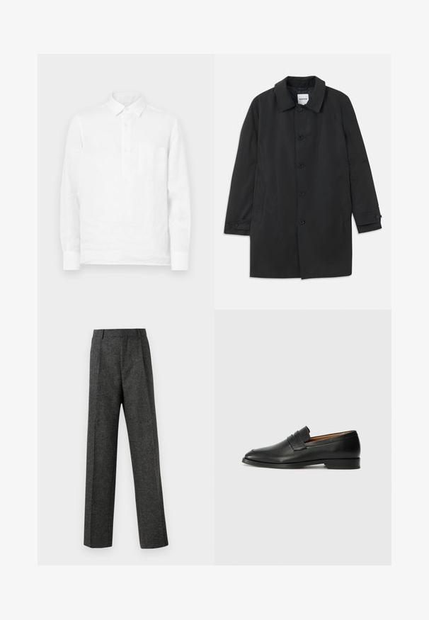 Melns mētelis no gludas auduma, ar klasisko apkakli un sešiem pogām. Iekļauj sānu kabatas un pogājamus piedurkņu galus.; Balta garām piedurknēm zīda krekls ar pogām un krūšu kabatu, ar gludu tekstūru un klasisku apkakles dizainu.; Pelēki piegriezti bikses, izgatavotas no tekstūras auduma, ar diviem priekšējiem krokām un taisnu kāju dizainu. Nav redzamu kabatu vai rotājumu.; Melnas ādas loafers ar noapaļotu purngala formu, smalku izšuvumu un zemu papēdi, piedāvājot gludu tekstūru un minimālistisku dizainu.