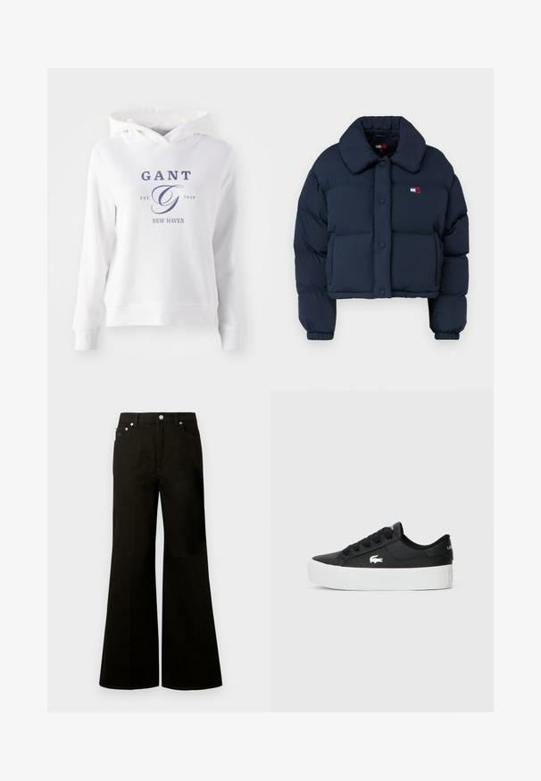 Doudoune navy avec un design court, dotée d'un grand col, de boutons à l'avant et d'un petit logo avec des accents rouges et blancs sur la poitrine.; Haut à capuche blanc avec une poche kangourou à l'avant, comportant un texte bleu marine qui indique "GANT EST. 1949 NEW HAVEN" et un grand logo stylisé "G".; Jean noir taille haute à jambes larges avec bouton et fermeture éclair à l'avant, passants pour ceinture et cinq poches dont une petite poche pour pièces.; Baskets basses noires en matériau synthétique, avec une semelle en caoutchouc blanc, des lacets noirs et un petit logo blanc sur le côté.