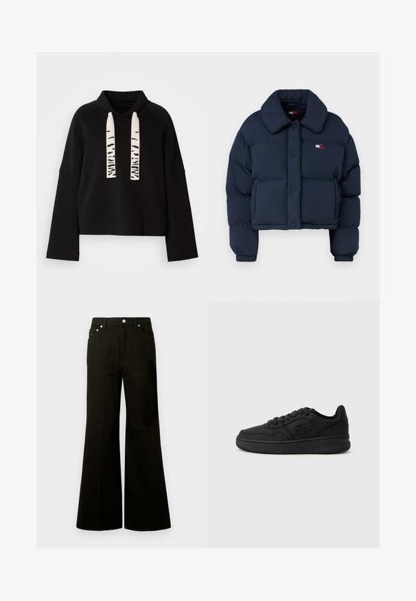 Meripuku, jossa on lyhyt malli, iso kaulus, etunapit ja pieni logo punaisia ja valkoisia yksityiskohtia rintaosassa.; Musta pitkähihainen huppari, jossa on korkea kaulus ja leveät valkoiset kiristysnauhat, joissa on mustia abstrakteja kuvioita.; Musta korkeavyötäröiset leveälahkeiset farkut, joissa on edessä nappi ja vetoketju, solkilenkit ja viisi taskua, mukaan lukien pieni kolikkotasku.; Mustat urheilukengät, joissa on tekstuuri pinnoite ja geometrisia kuvioita, pehmustettu nilkkakotelo ja kumipohja, suunniteltu mukavuutta ja tyyliä varten.