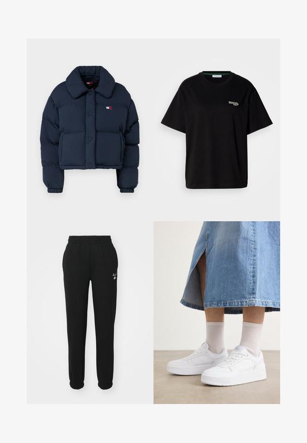 Tamsiai mėlynas pūkinis švarkas su trumpa apykakle, dideliu apykakliu, priekiniais mygtukais ir mažomis raudonomis bei baltomis detalėmis ant krūtinės.; Juodas medvilnės marškinėliai su trumpomis rankovėmis, su mažu žaliu logotipo akcentu kairėje krūtinės pusėje. Klasikinis apvalus iškirpimas, laisvas kirpimas.; Juodi sportiniai šortai su elastingu juosmeniu, priglundančiais rankogaliais ir baltu logotipu kairėje pusėje. Pagaminti iš minkštos, tekstūruotos medžiagos.; Baltos sportinės bateliai su tekstūruota oda, turintys platformos padas, apvalius pirštus ir raištelių sistemą; derinami su šviesiai pilkomis kojinėmis ir džinsiniu sijonu.