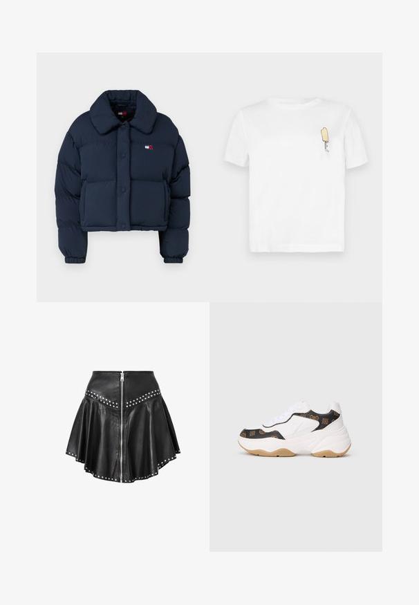 Temno modra puhovka s skrajšanim dizajnom, ki ima velik ovratnik, sprednje gumbe in majhno oznako s rdečimi in belimi detajli na prsih.; Bela bombažna majica s kratkimi rokavi, ki ima minimalistični, vezeni grafični motiv rumene sladoledne palice na levi prsni strani.; Črna usnjena mini krila z razširjenim dizajnom, srebrnimi žebljički ob robu in pasu ter sprednjim zadrgo. Gladka tekstura po vsej površini.; Bela robustna športna obutev z črnimi in rjavimi vzorci, debelo bež podplatom in belimi vezalkami, prikazana na enostavni svetli podlagi.