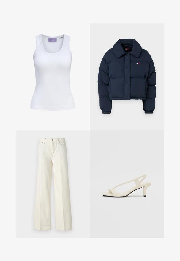 Navy puffer jacket with a cropped design, featuring a large collar, front buttons, and a small logo with red and white accents on the chest.; White ribbed tank top featuring a round neckline and narrow shoulder straps. Label on neckline in light purple. Size tag visible.; Wide-leg white jeans made from cotton blend fabric. Features a zipper fly, five-pocket design, and stitching along the seams.; Beige block-heeled sandals with thin straps and a square toe. Smooth material with minimal detailing, designed for easy wear.