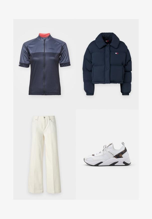 Casaco acolchoado azul-marinho com um design curto, apresentando um grande colarinho, botões frontais e um pequeno logótipo com acentos em vermelho e branco no peito.; Jersey de ciclismo masculino em azul escuro, com mangas curtas, um fecho frontal completo e um colarinho interior em coral contrastante. Logótipo da marca no peito.; Calças jeans brancas de perna larga, feitas de tecido de algodão misto. Apresentam fecho de correr, design de cinco bolsos e costura ao longo das costuras.; Sapatilha branca com materiais em malha e sintéticos, apresentando detalhes em preto e castanho, laterais texturizadas e um logótipo proeminente. Sola de borracha.