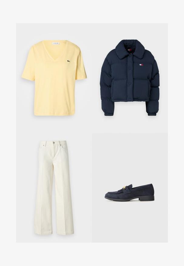 Jūras spēku pūkaina jaka ar īsu dizainu, lielu apkakli, priekšējiem pogām un mazu logotipu ar sarkaniem un baltajiem akcentiem uz krūšu.; Dzeltena kokvilnas T-kreklu ar īsām piedurknēm, V-veida kakla dizains un neliels zaļš Lacoste logo kreisajā krūtī. Gluda tekstūra un vienkāršs stils.; Platās kāju baltās džinsas, izgatavotas no kokvilnas maisījuma auduma. Tām ir rāvējslēdzēja josta, piecu kabatu dizains un šuvju izšuvumi gar šuvēm.; Dzeltenās zamšādas loafers ar zemu melnu papēdi, ar dekoratīvu zelta detaļu priekšā un noapaļotu purngalu.