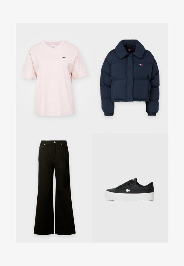 Navy puffer jacket with a cropped design, featuring a large collar, front buttons, and a small logo with red and white accents on the chest.; Light pink cotton t-shirt with short sleeves, crew neckline, and small green Lacoste logo on the left chest. Soft texture, relaxed fit.; Black high-waist wide-leg jeans with front button and zipper, belt loops, and five pockets including a small coin pocket.; Black low-top sneaker made of synthetic material, featuring a white rubber sole, black laces, and a small white logo on the side.