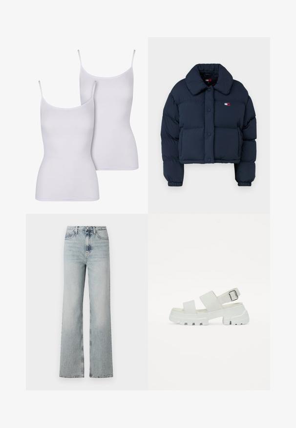 Navy puffer jacket with a cropped design, featuring a large collar, front buttons, and a small logo with red and white accents on the chest.; Two white camisole tops with thin straps, made of smooth fabric, featuring a fitted, sleeveless design and a simple, solid color.; High-waisted, light blue denim jeans with a wide-leg silhouette, featuring five pockets and subtle fading along the fabric.; White sandals with a chunky sole, featuring two wide straps and a buckle detail on the ankle strap. Smooth texture, minimalistic design.