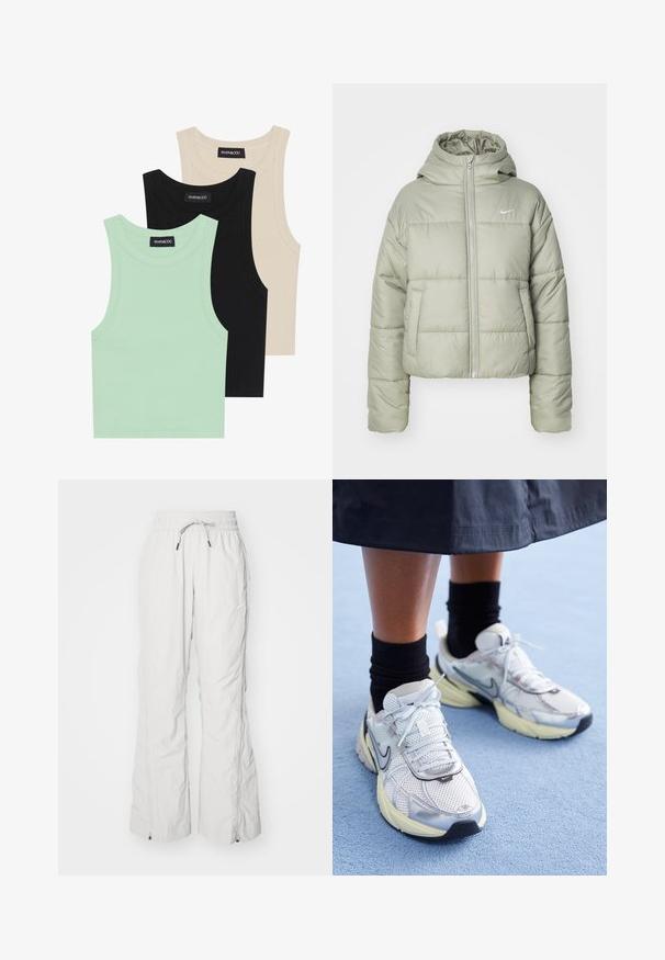 Gepolsterte, cropped Jacke in Hellgrün mit Kapuze. Verfügt über zwei Fronttaschen und einen Reißverschluss. Reflektierendes Nike-Logo auf der linken Brust.; Drei Tanktops in Mintgrün, Schwarz und Beige; aus geripptem Stoff mit Rundhalsausschnitt und ohne Ärmel. Markenlabel sichtbar.; Helle graue Cargo-Hose aus strukturiertem Stoff, mit einem elastischen Bund mit Kordelzug, seitlichen Taschen und Reißverschlüssen an den Knöcheln.; Weiße und silberne Nike-Sneaker aus Mesh-Gewebe, mit reflektierenden Akzenten und einer beigen Sohle. Getragen mit schwarzen Socken und stehend auf einer blauen Fläche.
