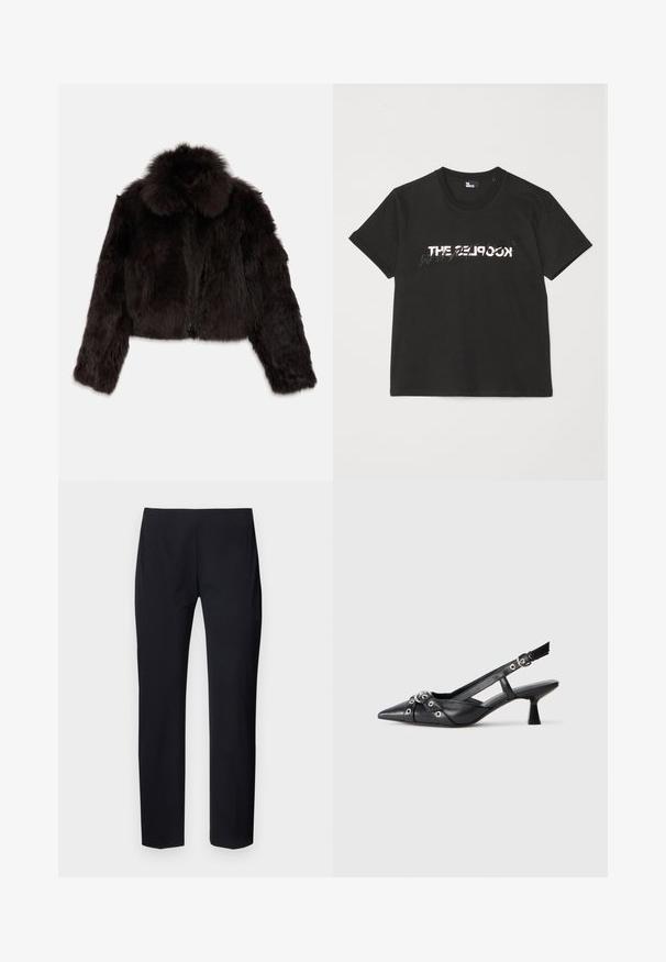 Mørkebrun faux fur cropped jakke med rund krave, lynlås lukning og tekstureret overflade. Har lange ærmer og fluffy detaljer.; Sort bomulds t-shirt med korte ærmer, der har et trykt hvidt og gråt "THE 2LOOK" design over forsiden. Klassisk crew neck.; Sorte skræddersyede bukser med slim fit, der har en glat overflade og en flad forside. Ingen synlige lommer eller hardware-detaljer.; Sort lædersandal med spids tå, dekorative stropper med metaløjer og en lav blokhæl. Struktureret overflade.