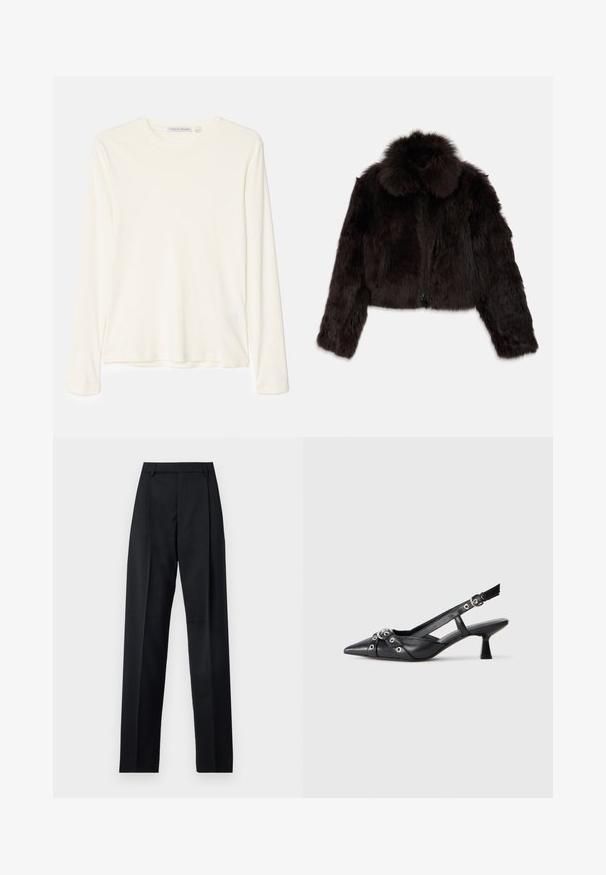 Ciemnobrązowa kurtka z imitacji futra, krótka, z okrągłym kołnierzem, zamknięciem na zamek i teksturowaną powierzchnią. Posiada długie rękawy i puszyste akcenty.; Tiger of Sweden MILLAN mleczny; Czarne spodnie wykonane z gładkiego materiału, z wysokim stanem, szerokimi nogawkami, fałdami z przodu i klasycznymi szlufkami na pasek. Brak widocznych kieszeni bocznych.; Czarne skórzane buty typu slingback z ostrym noskiem, ozdobnymi paskami z metalowymi oczkami oraz niskim klinowym obcasem. Teksturowana powierzchnia.