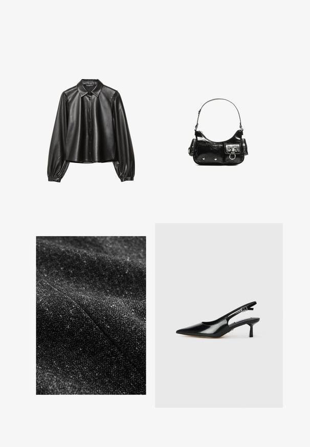 Chemise en simili cuir noir avec un devant à boutons, un col pointe et des manches longues bouffantes. Texture lisse, design court et style minimaliste.; Chemise noire à manches longues en tissu lisse, avec un col pointu, une fermeture à boutons à l'avant et un ourlet court avec des fentes latérales.; Tissu noir texturé avec des éclats plus clairs entrelacés, présentant une apparence douce et tissée ainsi qu'un motif subtil et varié.; Escarpins à talons slingback en cuir verni noir avec un bout pointu, un talon fin et une sangle réglable. Texture lisse avec un détail minimal.; Sac à main en cuir verni noir avec une forme incurvée, une bandoulière, des poches avant et des accents en métal argenté.
