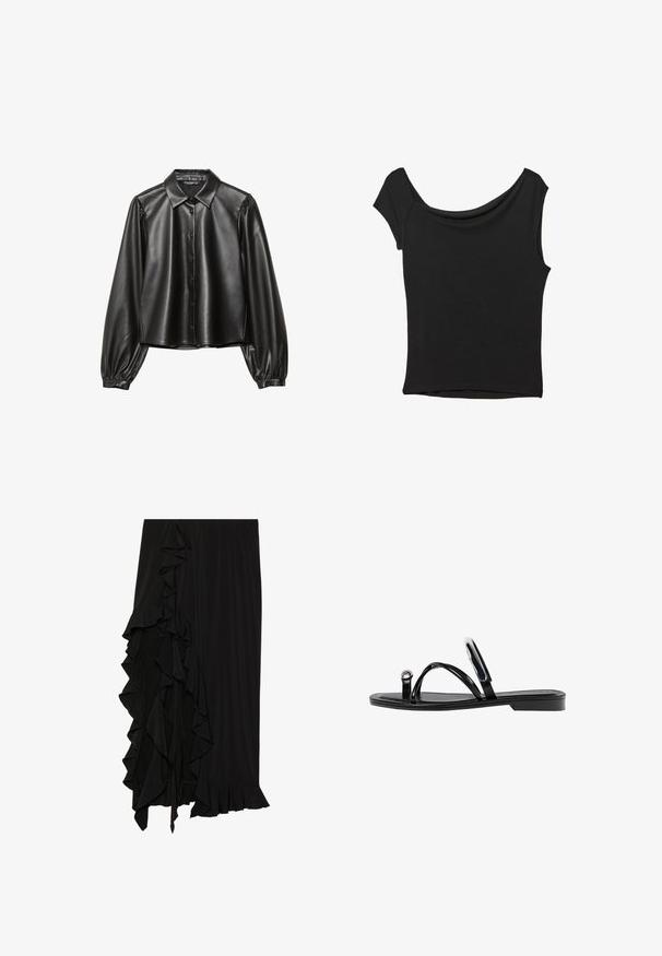 Črna umetna usnjena srajca z gumbasto sprednjo stranjo, koničastim ovratnikom in napihnjenimi dolgimi rokavi. Gladka tekstura, skrajšana zasnova in minimalistični slog.; Črna kratka majica s kratkimi rokavi iz gladkega blaga; ima drapiran izrez in asimetrično spodnjo rob, s prilegnjenim telesom.; Črna krila iz mehke tkanine z nabranim detajlom po levi strani in valovitim robom na dnu, ki ustvarja tekočo silhueto.; Črne ravne sandale s sijajno končno obdelavo, tremi tankimi trakovi in okroglo kovinsko podrobnostjo na prstih. Elegantna zasnova z minimalnim peto.