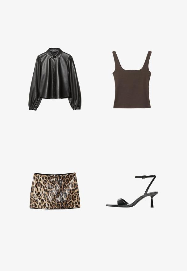 Svart skinnliknande skjorta med knappstängning fram, spetsig krage och puffade långärmar. Slät textur, kort design och minimalistisk stil.; Brun ärmlös topp med fyrkantig halsringning, tillverkad av mjukt, elastiskt tyg. Har en figurnära design och plana sömmar.; Leopardmönstrad minikjol med guld- och svarta paljetter, en figursydd design och svart midjeband.; Bershka Sandaletter - black