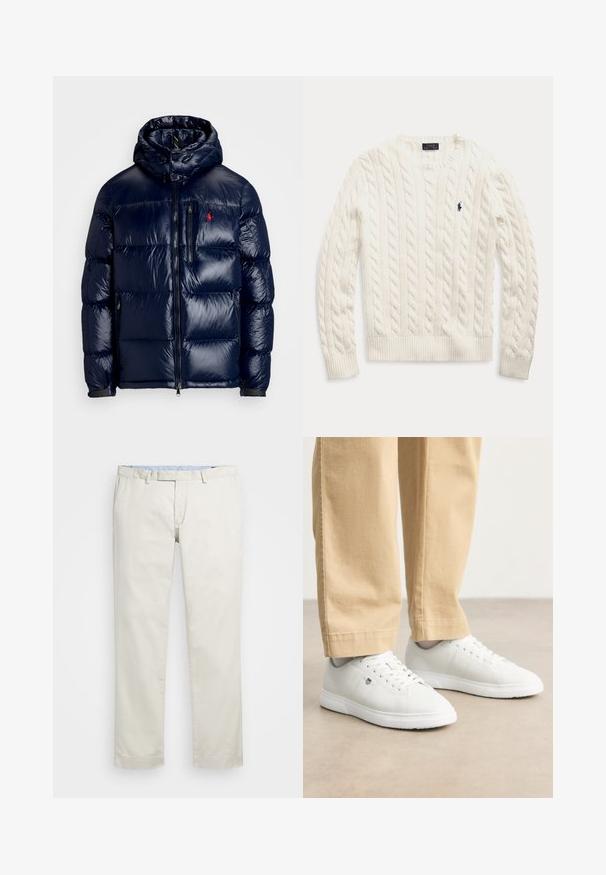 Veste matelassée bleu marine avec une finition brillante, dotée d'une capuche, d'une fermeture éclair à l'avant et d'un petit logo sur la poitrine gauche. Design matelassé texturé.; Pull à manches longues en tricot blanc avec des poignets et un ourlet côtelés, arborant un petit logo brodé en marine de Polo Ralph Lauren sur la poitrine.; Chino en coton beige avec une taille plate, des passants de ceinture et des poches latérales. Coupe droite avec une texture lisse et une sensation légère et respirante.; Baskets en cuir blanc avec une finition lisse, présentant un bout arrondi, un laçage, et un détail de logo subtil sur le côté, associées à un pantalon beige.