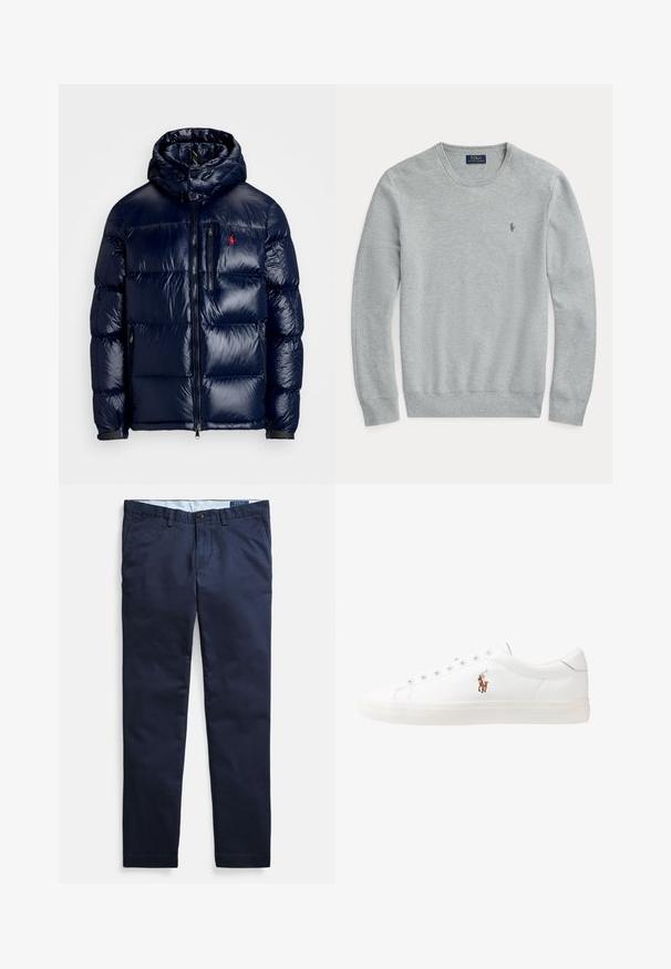 Navy blue puffer jacket with a shiny finish, featuring a hood, zippered front, and a small logo on the left chest. Textured quilted design.; Light gray long-sleeve knit sweater with crew neck, ribbed cuffs and hem, and small embroidered Polo Ralph Lauren logo on chest.; Navy blue chinos made from cotton blend fabric, featuring a flat front, straight leg design, and a single button closure at the waistband.; White leather sneakers, low-top design, featuring a smooth texture, round toe, laced front, and a small embroidered logo on the side.