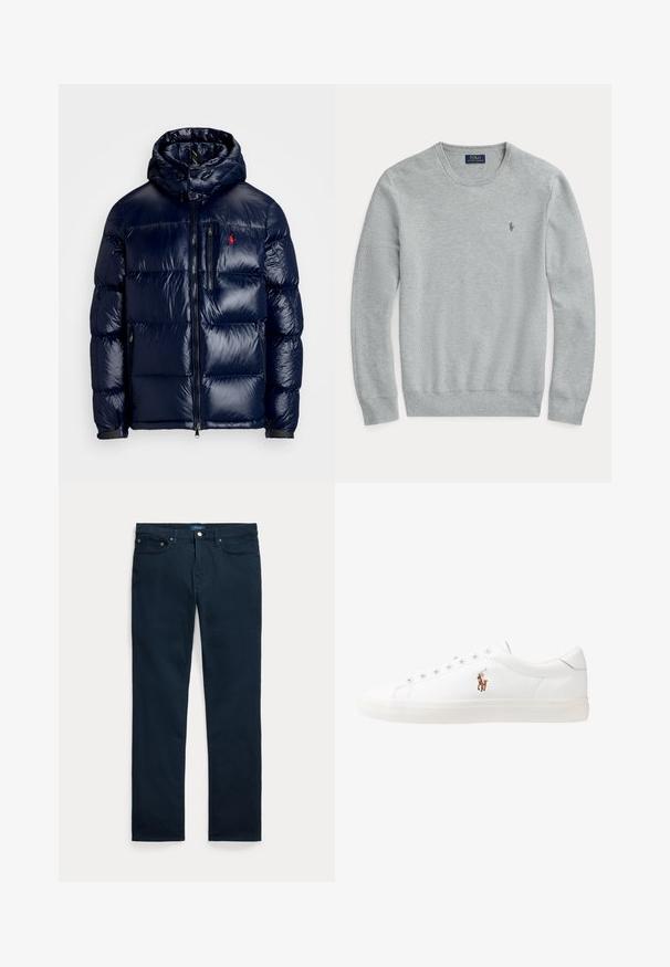 Casaco puffer azul-marinho com um acabamento brilhante, apresentando um capuz, fecho frontal com zíper e um pequeno logotipo no lado esquerdo do peito. Design acolchoado texturizado.; Sweater em malha cinza claro de manga longa com decote redondo, punhos e barra canelados, e pequeno logo bordado da Polo Ralph Lauren no peito.; Calças de ganga azul marinho com corte direito, apresentando cinco bolsos, fecho de botão e costura de contraste ao longo das costuras. Design clássico.; Sapatilhas de couro brancas, design de cano baixo, com textura suave, biqueira redonda, atacadores à frente e um pequeno logótipo bordado na lateral.