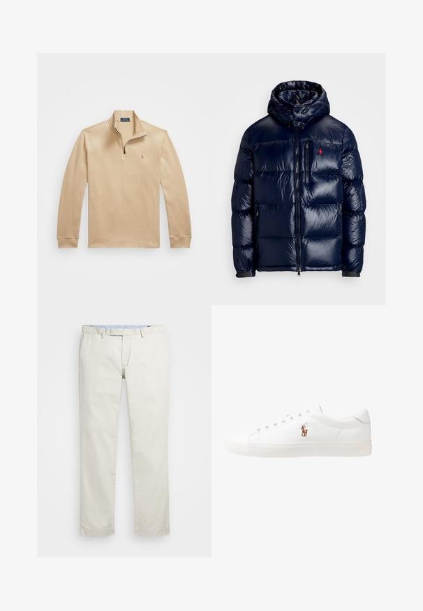 Casaco puffer azul-marinho com um acabamento brilhante, apresentando um capuz, fecho frontal com zíper e um pequeno logotipo no lado esquerdo do peito. Design acolchoado texturizado.; Polo de manga longa bege com gola de fecho, feito de tecido texturizado, apresentando um pequeno logótipo bordado no lado esquerdo do peito.; Chinos de algodão bege com frente plana, passantes para cinto e bolsos laterais. Design de perna reta com uma textura suave e uma sensação leve e respirável.; Sapatilhas de couro brancas, design de cano baixo, com textura suave, biqueira redonda, atacadores à frente e um pequeno logótipo bordado na lateral.