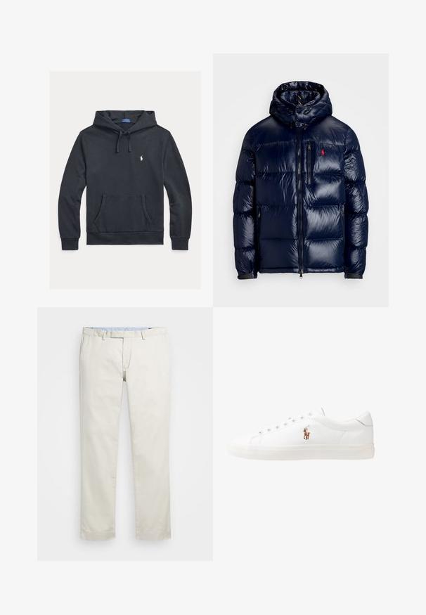 Casaco puffer azul-marinho com um acabamento brilhante, apresentando um capuz, fecho frontal com zíper e um pequeno logotipo no lado esquerdo do peito. Design acolchoado texturizado.; Camisola com capuz em algodão azul marinho, com bolso frontal, cordão ajustável, punhos canelados e um pequeno logotipo branco no peito.; Chinos de algodão bege com frente plana, passantes para cinto e bolsos laterais. Design de perna reta com uma textura suave e uma sensação leve e respirável.; Sapatilhas de couro brancas, design de cano baixo, com textura suave, biqueira redonda, atacadores à frente e um pequeno logótipo bordado na lateral.