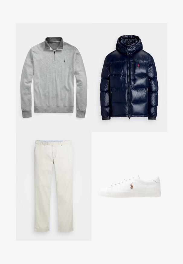 Casaco puffer azul-marinho com um acabamento brilhante, apresentando um capuz, fecho frontal com zíper e um pequeno logotipo no lado esquerdo do peito. Design acolchoado texturizado.; Sweatshirt cinza de pullover com colarinho com fecho éclair, feito de um tecido suave. Apresenta um pequeno logótipo bordado no lado esquerdo do peito e punhos canelados.; Chinos de algodão bege com frente plana, passantes para cinto e bolsos laterais. Design de perna reta com uma textura suave e uma sensação leve e respirável.; Sapatilhas de couro brancas, design de cano baixo, com textura suave, biqueira redonda, atacadores à frente e um pequeno logótipo bordado na lateral.