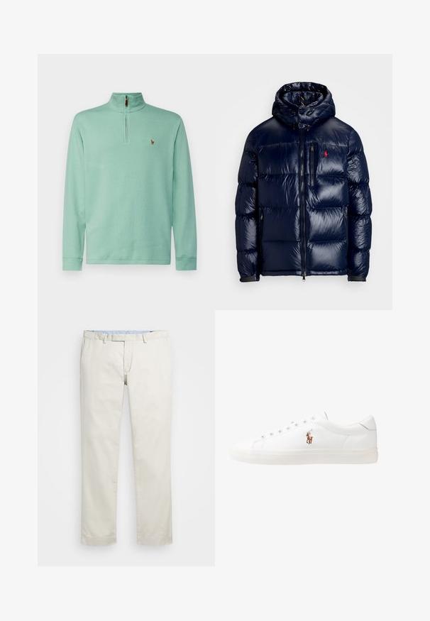 Veste matelassée bleu marine avec une finition brillante, dotée d'une capuche, d'une fermeture éclair à l'avant et d'un petit logo sur la poitrine gauche. Design matelassé texturé.; Pull en vert menthe avec un zip quart et des manches longues. Présente un petit logo sur la poitrine et des poignets côtelés pour une texture supplémentaire.; Chino en coton beige avec une taille plate, des passants de ceinture et des poches latérales. Coupe droite avec une texture lisse et une sensation légère et respirante.; Baskets en cuir blanc, design bas, avec une texture lisse, bout rond, lacets à l'avant et un petit logo brodé sur le côté.