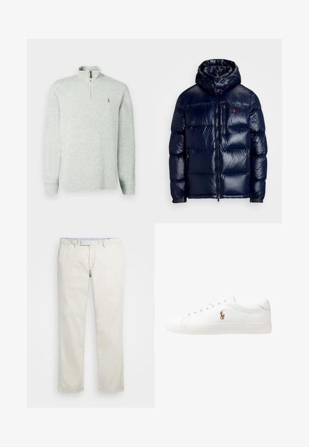 Navy blue puffer jacket with a shiny finish, featuring a hood, zippered front, and a small logo on the left chest. Textured quilted design.; Gray pullover sweatshirt with a stand collar, half-zip front, and a small logo on the left chest. Soft fabric with a smooth texture.; Beige cotton chinos with a flat front, belt loops, and side pockets. Straight-leg design with a smooth texture and a light, breathable feel.; White leather sneakers, low-top design, featuring a smooth texture, round toe, laced front, and a small embroidered logo on the side.