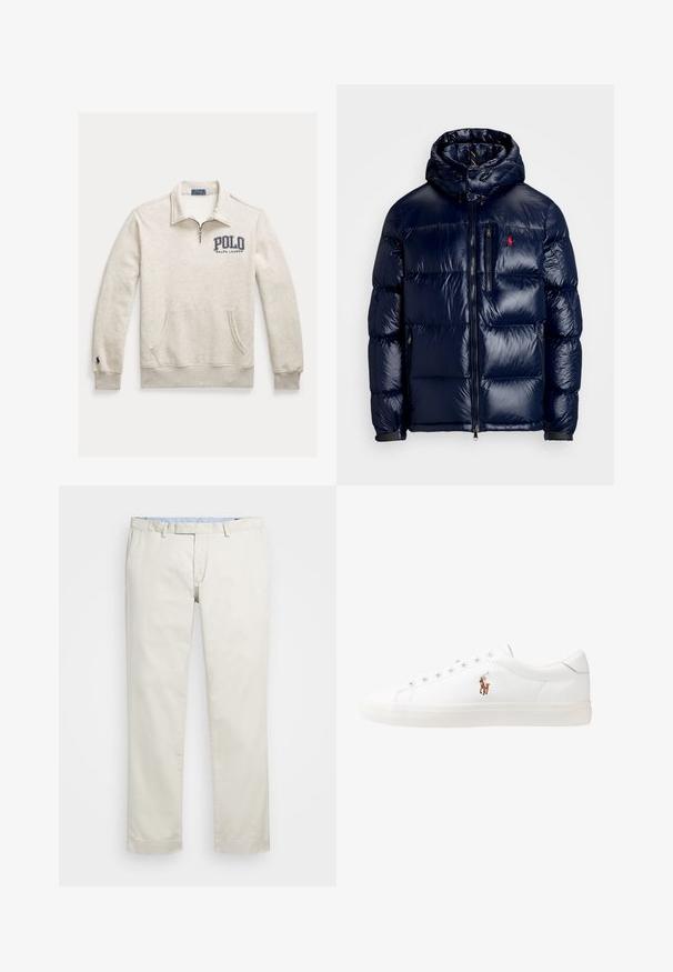 Tumši zils pūkainais jaka ar spīdīgu apdari, ar kapuci, ar rāvējslēdzēja priekšpusi un mazu logo kreisajā krūtī. Tekstūrēta izšūšanas dizains.; Polo Ralph Lauren LOGO FLEECE QUARTER-ZIP SWEATSHIRT - Ikdienas džemperis - light sport heather; Bežīgas kokvilnas chinos bikses ar gludu priekšpusi, jostas cilpām un sānu kabatām. Taisnas kājas dizains ar gludu tekstūru un vieglu, elpojošu sajūtu.; Baltas ādas sporta apavi, zema dizaina, ar gludu tekstūru, noapaļotu purngalu, ar auklēm priekšpusē un nelielu izšūtu logotipu sānos.