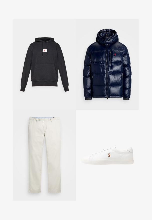 Navy blue puffer jacket with a shiny finish, featuring a hood, zippered front, and a small logo on the left chest. Textured quilted design.; Black hooded sweatshirt with front pocket and red Jumpman logo on a white patch centered on the chest, displayed on a white background.; Beige cotton chinos with a flat front, belt loops, and side pockets. Straight-leg design with a smooth texture and a light, breathable feel.; White leather sneakers, low-top design, featuring a smooth texture, round toe, laced front, and a small embroidered logo on the side.