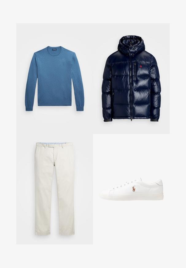 Casaco puffer azul-marinho com um acabamento brilhante, apresentando um capuz, fecho frontal com zíper e um pequeno logotipo no lado esquerdo do peito. Design acolchoado texturizado.; Sweater azul de gola redonda feito de tecido de malha texturizada, com mangas longas e bainha canelada, apresentando um pequeno logo no peito.; Chinos de algodão bege com frente plana, passantes para cinto e bolsos laterais. Design de perna reta com uma textura suave e uma sensação leve e respirável.; Sapatilhas de couro brancas, design de cano baixo, com textura suave, biqueira redonda, atacadores à frente e um pequeno logótipo bordado na lateral.
