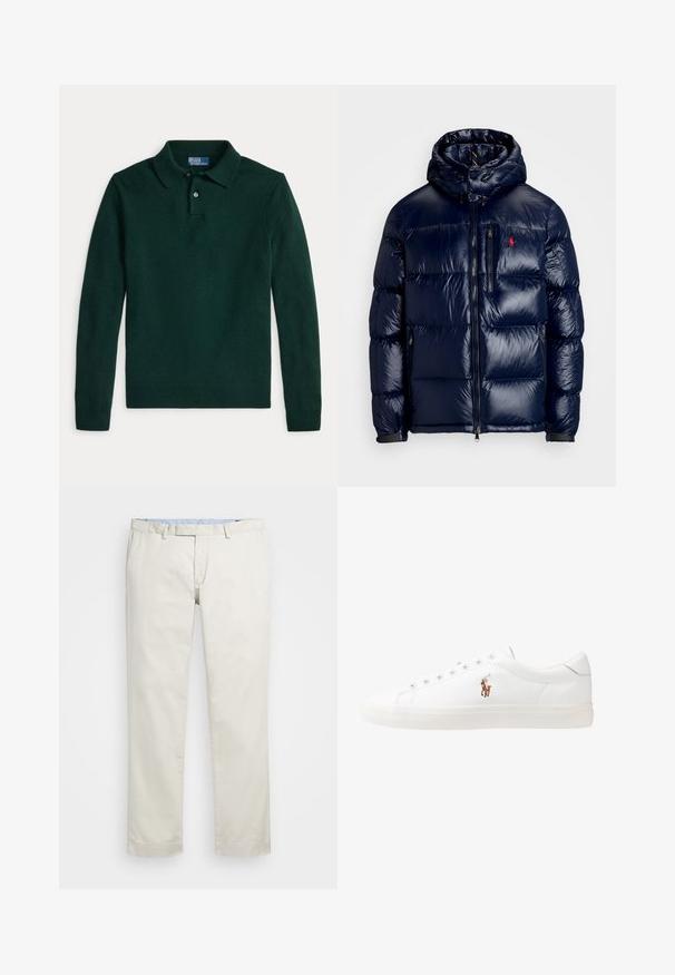Navy blue puffer jacket with a shiny finish, featuring a hood, zippered front, and a small logo on the left chest. Textured quilted design.; Dark green long-sleeve polo shirt with ribbed cuffs and hem, two-button placket, and a collar, laid flat on a white background.; Beige cotton chinos with a flat front, belt loops, and side pockets. Straight-leg design with a smooth texture and a light, breathable feel.; White leather sneakers, low-top design, featuring a smooth texture, round toe, laced front, and a small embroidered logo on the side.