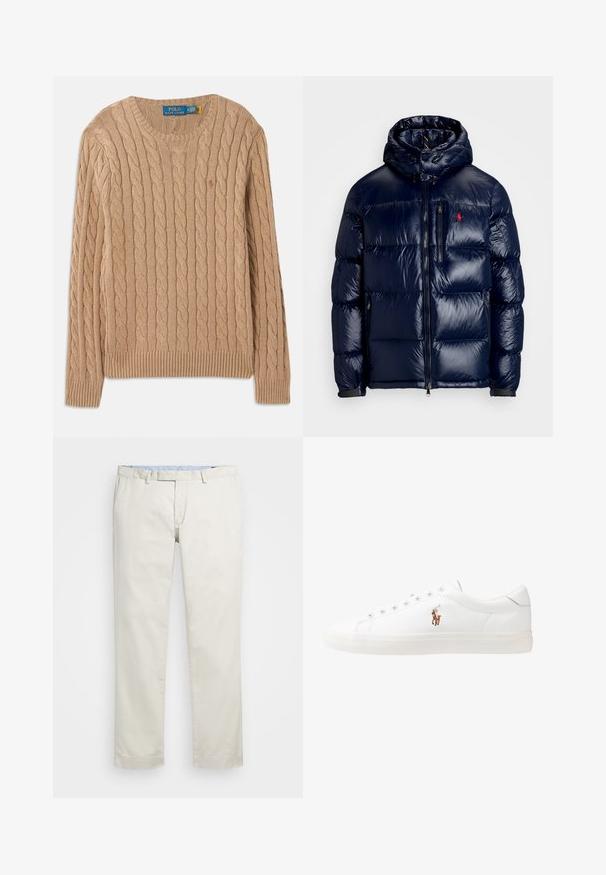 Navykék puffertakaró kabát fényes felülettel, kapucnival, cipzáros elülső résszel és egy kis logóval a bal mellen. Texturált steppelt mintázat.; Beige kötött pulóver, kábelmintával, kerek nyakkivágással, bordás mandzsettával és szegéllyel. A belső nyaknál található a márkás címke.; Beige pamut chinin, lapos elülső résszel, övhurkokkal és oldalsó zsebekkel. Egyenes lábú kialakítás, sima textúrával és könnyű, lélegző érzettel.; Fehér bőr sportcipők, alacsony fazonban, sima textúrával, kerek orral, fűzős előlappal és egy kis hímezett logóval az oldalon.