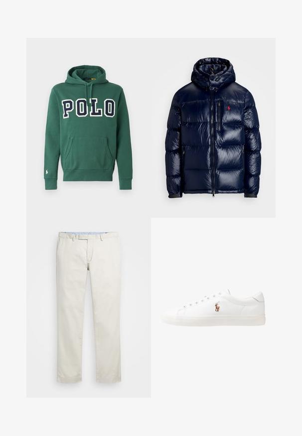 Casaco puffer azul-marinho com um acabamento brilhante, apresentando um capuz, fecho frontal com zíper e um pequeno logotipo no lado esquerdo do peito. Design acolchoado texturizado.; Sweatshirt verde feito de algodão macio, apresentando um grande logótipo "POLO" em azul-marinho, bolso frontal, capuz ajustável com cordão e um pequeno logótipo na manga.; Chinos de algodão bege com frente plana, passantes para cinto e bolsos laterais. Design de perna reta com uma textura suave e uma sensação leve e respirável.; Sapatilhas de couro brancas, design de cano baixo, com textura suave, biqueira redonda, atacadores à frente e um pequeno logótipo bordado na lateral.