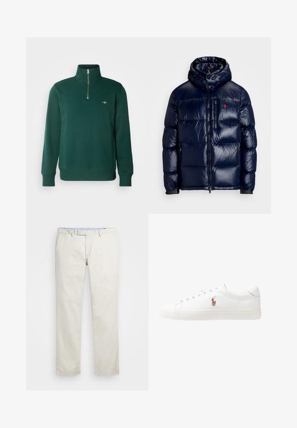 Veste matelassée bleu marine avec une finition brillante, dotée d'une capuche, d'une fermeture éclair à l'avant et d'un petit logo sur la poitrine gauche. Design matelassé texturé.; Pull-over zippé vert. Présente un col haut, des manches longues et un petit logo sur la poitrine. Tissu doux et lisse.; Chino en coton beige avec une taille plate, des passants de ceinture et des poches latérales. Coupe droite avec une texture lisse et une sensation légère et respirante.; Baskets en cuir blanc, design bas, avec une texture lisse, bout rond, lacets à l'avant et un petit logo brodé sur le côté.