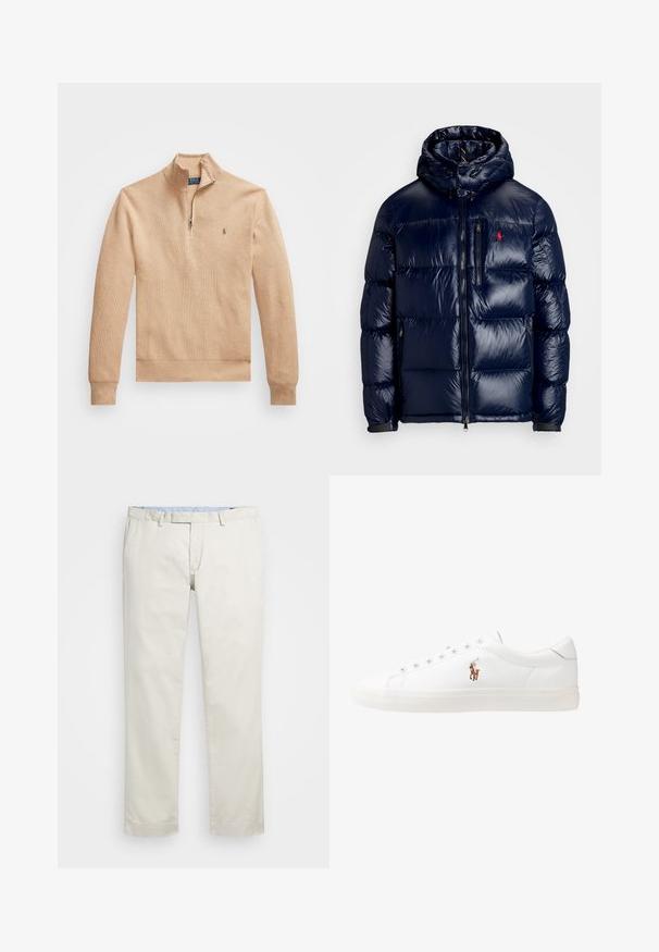 Temno modra puhovka s sijočo površino, opremljena s kapuco, z zadrgo spredaj in majhnim logotipom na levem prsnem delu. Ima strukturirano prešito zasnovo.; Beige pulover s položajem na pol-zi, rebrastim manžetama in robom, z teksturirano tkanino in majhnim logotipom na levi prsni strani.; Bežna bombažna chinosa z ravnim sprednjim delom, zankami za pas in stranskimi žepi. Dizajn z ravnimi nogavicami z gladko teksturo in lahkotnim, zračnim občutkom.; Bela usnjena teniski čevlji, nizki model, z gladko teksturo, okrogle konice, vezavi spredaj ter majhnim vezenim logotipom na strani.