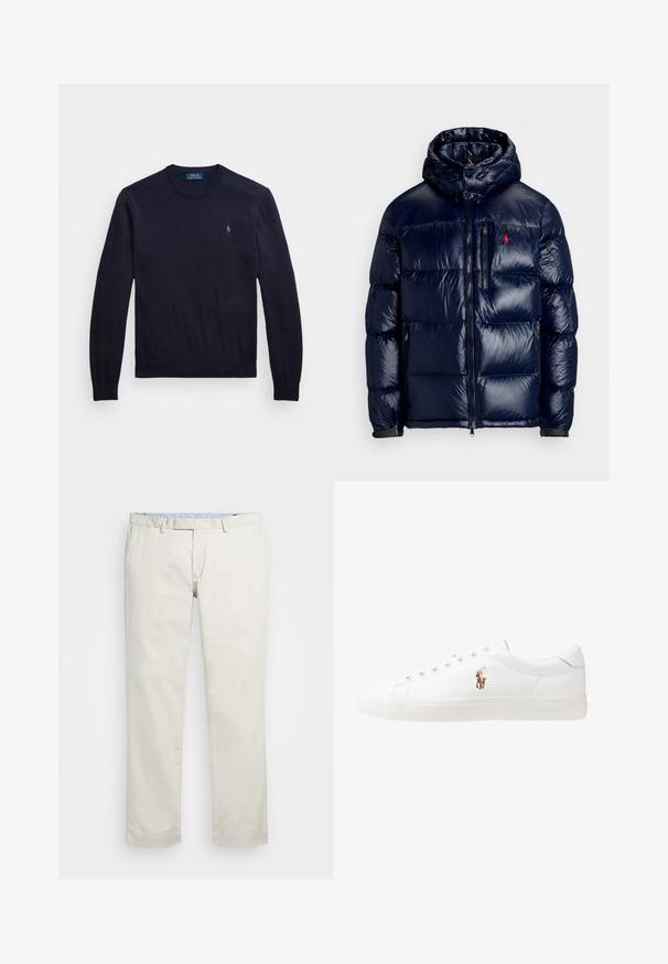 Casaco puffer azul-marinho com um acabamento brilhante, apresentando um capuz, fecho frontal com zíper e um pequeno logotipo no lado esquerdo do peito. Design acolchoado texturizado.; Pulôver de manga longa azul marinho feito de um tecido de malha suave, com decote redondo e um pequeno logótipo bordado no lado esquerdo do peito.; Chinos de algodão bege com frente plana, passantes para cinto e bolsos laterais. Design de perna reta com uma textura suave e uma sensação leve e respirável.; Sapatilhas de couro brancas, design de cano baixo, com textura suave, biqueira redonda, atacadores à frente e um pequeno logótipo bordado na lateral.