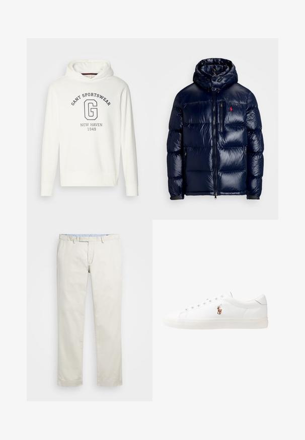 Giacca puffer blu navy con finitura lucida, dotata di cappuccio, chiusura frontale con zip e un piccolo logo sul lato sinistro del petto. Design trapuntato testurizzato.; Felpa bianca con cappuccio caratterizzata dal testo "GANT SPORTSWEAR" e un grande logo "G" in blu navy, con polsini e orlo a coste. Tessuto morbido.; Chino in cotone beige con fronte piatto, passanti per la cintura e tasche laterali. Design a gamba dritta con una texture liscia e una sensazione leggera e traspirante.; Sneakers in pelle bianca, design low-top, caratterizzati da una texture liscia, punta rotonda, chiusura con lacci e un piccolo logo ricamato sul lato.