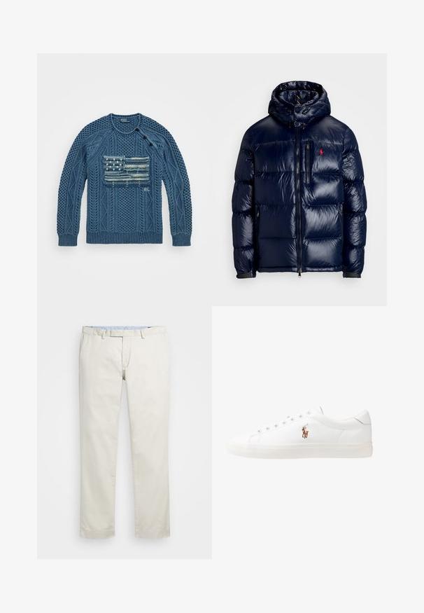 Tumši zils pūkainais jaka ar spīdīgu apdari, ar kapuci, ar rāvējslēdzēja priekšpusi un mazu logo kreisajā krūtī. Tekstūrēta izšūšanas dizains.; Polo Ralph Lauren ARAN KNIT FLAG COTTON SWEATER - Džemperis - indigo combo; Bežīgas kokvilnas chinos bikses ar gludu priekšpusi, jostas cilpām un sānu kabatām. Taisnas kājas dizains ar gludu tekstūru un vieglu, elpojošu sajūtu.; Baltas ādas sporta apavi, zema dizaina, ar gludu tekstūru, noapaļotu purngalu, ar auklēm priekšpusē un nelielu izšūtu logotipu sānos.