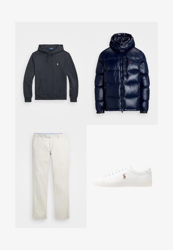 Tamsiai mėlynas pūkinis švarkas su blizgiu paviršiumi, turintis gobtuvą, užtrauktuką priekyje ir mažą logotipą ant kairės krūtinės. Raštuota siuvinėta konstrukcija.; Tamsiai mėlynas džemperis su minkštos medžiagos, turintis priekinį kišenę, su raišteliu reguliuojamą kapučių ir mažą baltą polo emblema ant krūtinės.; Šviesiai rudi medvilniniai chinos tipo kelnės su plokščiu priekiniu dizainu, diržo kilpomis ir šoninėmis kišenėmis. Tiesaus kirpimo dizainas su lygiu paviršiumi ir lengvu, kvėpuojančiu jausmu.; Baltos odinės sportbačiai, žemo profilio, su lygia tekstūra, apvalia nosimi, raištelių sistema priekyje ir mažyte siuvinėta logo šone.