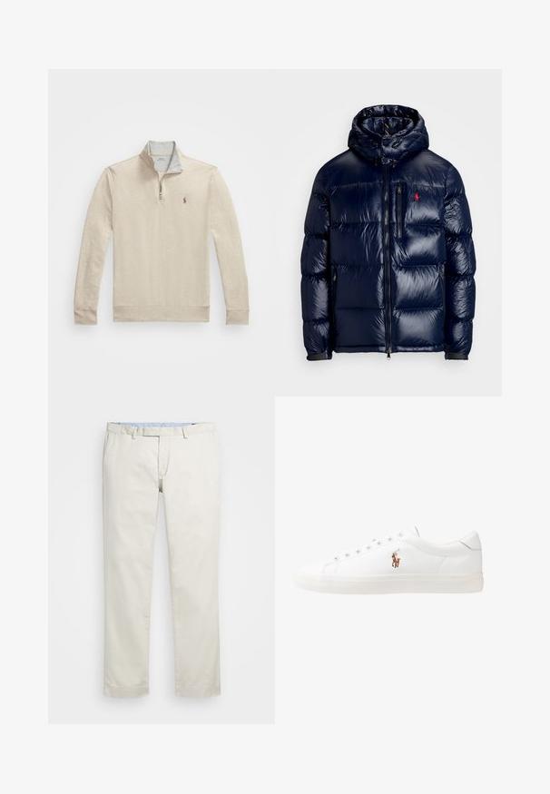 Navykék puffertakaró kabát fényes felülettel, kapucnival, cipzáros elülső résszel és egy kis logóval a bal mellen. Texturált steppelt mintázat.; Beige színű pamut pulóver cipzáros gallérral, hosszú ujjal és hímzett logóval a mellkason. Puha tapintású és laza fazonú.; Beige pamut chinin, lapos elülső résszel, övhurkokkal és oldalsó zsebekkel. Egyenes lábú kialakítás, sima textúrával és könnyű, lélegző érzettel.; Fehér bőr sportcipők, alacsony fazonban, sima textúrával, kerek orral, fűzős előlappal és egy kis hímezett logóval az oldalon.