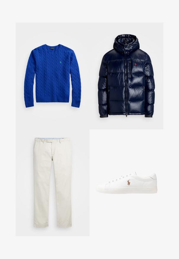 Casaco puffer azul-marinho com um acabamento brilhante, apresentando um capuz, fecho frontal com zíper e um pequeno logotipo no lado esquerdo do peito. Design acolchoado texturizado.; Camisola azul de malha com bainha e punhos canelados. Apresenta um pequeno logotipo verde de polo no peito. Feita de tecido macio e texturizado.; Chinos de algodão bege com frente plana, passantes para cinto e bolsos laterais. Design de perna reta com uma textura suave e uma sensação leve e respirável.; Sapatilhas de couro brancas, design de cano baixo, com textura suave, biqueira redonda, atacadores à frente e um pequeno logótipo bordado na lateral.