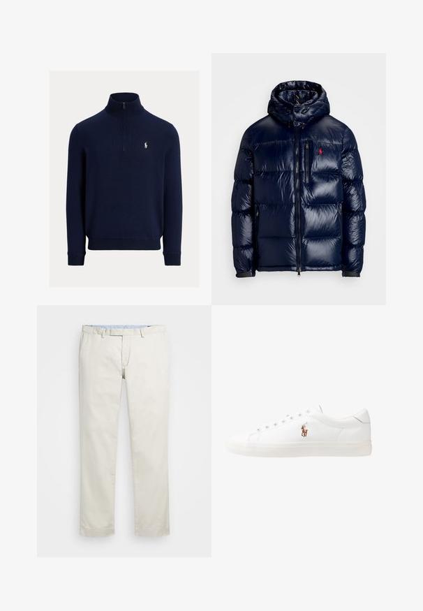 Navy blue puffer jacket with a shiny finish, featuring a hood, zippered front, and a small logo on the left chest. Textured quilted design.; Navy blue long-sleeve quarter-zip sweater with ribbed collar, cuffs, hem, and small white embroidered polo player logo on left chest.; Beige cotton chinos with a flat front, belt loops, and side pockets. Straight-leg design with a smooth texture and a light, breathable feel.; White leather sneakers, low-top design, featuring a smooth texture, round toe, laced front, and a small embroidered logo on the side.