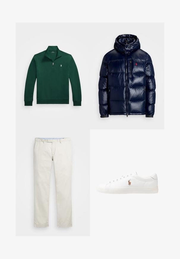 Casaco puffer azul-marinho com um acabamento brilhante, apresentando um capuz, fecho frontal com zíper e um pequeno logotipo no lado esquerdo do peito. Design acolchoado texturizado.; Pullover verde com colarinho de zip de um quarto, punhos canelados e um pequeno logótipo bordado no peito. Feito de um tecido suave e liso.; Chinos de algodão bege com frente plana, passantes para cinto e bolsos laterais. Design de perna reta com uma textura suave e uma sensação leve e respirável.; Sapatilhas de couro brancas, design de cano baixo, com textura suave, biqueira redonda, atacadores à frente e um pequeno logótipo bordado na lateral.