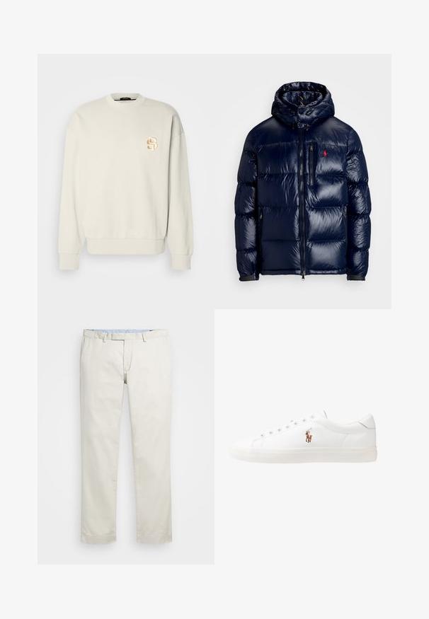 Tamno plava jakna s punjenjem i sjajnom završnom obradom, s kapuljačom, zatvaranjem na patentni zatvarač sprijeda i malim logotipom na lijevoj strani prsnog koša. Strukturno kviltani dizajn.; Krema dukserica s okruglim izrezom i spuštenim ramenima. Ima teksturirani bež logo na lijevoj strani prsnog dijela i rebraste manžete.; Bež pamukove chinos hlače s ravnim prednjim dijelom, petljama za remen i bočnim džepovima. Dizajn ravnih nogavica s glatkom teksturom i laganim, prozračnim osjećajem.; Bijele kožne tenisice, niskog kroja, s glatkom teksturom, okruglim vrhom, vezanjem sprijeda i malim izvezenim logom sa strane.