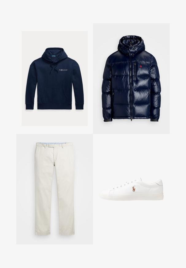 Casaco puffer azul-marinho com um acabamento brilhante, apresentando um capuz, fecho frontal com zíper e um pequeno logotipo no lado esquerdo do peito. Design acolchoado texturizado.; Sweatshirt azul-marinho feito de algodão macio, com um bolso frontal, capuz ajustável e um logótipo branco no peito. Textura suave, design casual.; Chinos de algodão bege com frente plana, passantes para cinto e bolsos laterais. Design de perna reta com uma textura suave e uma sensação leve e respirável.; Sapatilhas de couro brancas, design de cano baixo, com textura suave, biqueira redonda, atacadores à frente e um pequeno logótipo bordado na lateral.