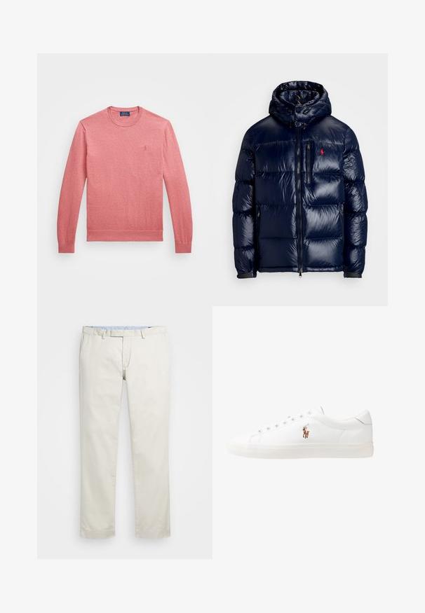 Ναυτικό μπλε φούτερ μπουφάν με γυαλιστερή επιφάνεια, διαθέτει κουκούλα, φερμουάρ μπροστά και μικρό λογότυπο στο αριστερό στήθος. Σατέν ραφή.; Μακρυμάνικη μπλούζα crewneck σε ροζ. Κατασκευασμένη από μαλακό ύφασμα με ριμπ μανσέτες και στρίφωμα. Μικρό κεντημένο λογότυπο στο στήθος.; Μπεζ βαμβακερές chinos με επίπεδο μπροστινό μέρος, θηλιές ζώνης και πλάγιες τσέπες. Σχεδίαση ίσιων ποδιών με μαλακή υφή και ελαφριά, αναπνεύσιμη αίσθηση.; Λευκά δερμάτινα sneakers, χαμηλού σχεδιασμού, με απαλή υφή, στρογγυλή μύτη, δέσιμο μπροστά και μικρό κεντημένο λογότυπο στο πλάι.