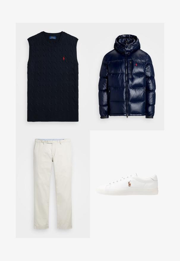 Casaco puffer azul-marinho com um acabamento brilhante, apresentando um capuz, fecho frontal com zíper e um pequeno logotipo no lado esquerdo do peito. Design acolchoado texturizado.; Sweater sem mangas em malha canelada azul-marinho, com gola e bainha caneladas, apresentando um pequeno logotipo vermelho de polo no lado esquerdo.; Chinos de algodão bege com frente plana, passantes para cinto e bolsos laterais. Design de perna reta com uma textura suave e uma sensação leve e respirável.; Sapatilhas de couro brancas, design de cano baixo, com textura suave, biqueira redonda, atacadores à frente e um pequeno logótipo bordado na lateral.