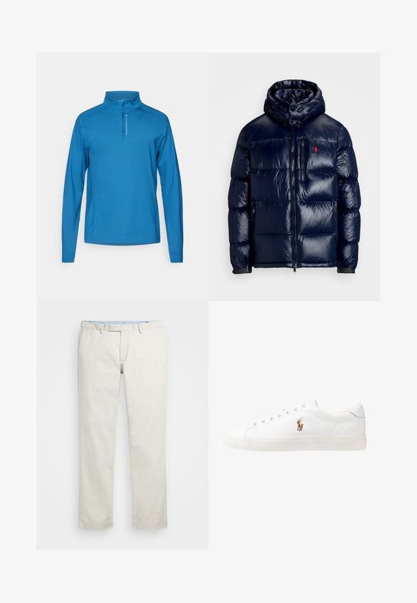 Casaco puffer azul-marinho com um acabamento brilhante, apresentando um capuz, fecho frontal com zíper e um pequeno logotipo no lado esquerdo do peito. Design acolchoado texturizado.; Pulôver azul de mangas longas com gola zip, feito de um tecido suave. Apresenta um detalhe de logo discreto na frente.; Chinos de algodão bege com frente plana, passantes para cinto e bolsos laterais. Design de perna reta com uma textura suave e uma sensação leve e respirável.; Sapatilhas de couro brancas, design de cano baixo, com textura suave, biqueira redonda, atacadores à frente e um pequeno logótipo bordado na lateral.