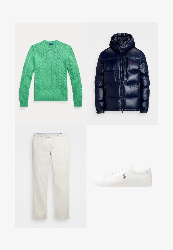 Casaco puffer azul-marinho com um acabamento brilhante, apresentando um capuz, fecho frontal com zíper e um pequeno logotipo no lado esquerdo do peito. Design acolchoado texturizado.; Suéter verde de malha canelada, com decote redondo e mangas longas, apresentando o logótipo bordado da Polo Ralph Lauren no peito.; Chinos de algodão bege com frente plana, passantes para cinto e bolsos laterais. Design de perna reta com uma textura suave e uma sensação leve e respirável.; Sapatilhas de couro brancas, design de cano baixo, com textura suave, biqueira redonda, atacadores à frente e um pequeno logótipo bordado na lateral.