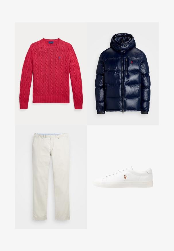 Ναυτικό μπλε φούτερ μπουφάν με γυαλιστερή επιφάνεια, διαθέτει κουκούλα, φερμουάρ μπροστά και μικρό λογότυπο στο αριστερό στήθος. Σατέν ραφή.; Κόκκινο πουλόβερ με πλέξη καλωδίου και στρογγυλή λαιμόκοψη, με μακριά μανίκια και ένα μικρό μπλε κεντητό λογότυπο στη αριστερή πλευρά του στήθους.; Μπεζ βαμβακερές chinos με επίπεδο μπροστινό μέρος, θηλιές ζώνης και πλάγιες τσέπες. Σχεδίαση ίσιων ποδιών με μαλακή υφή και ελαφριά, αναπνεύσιμη αίσθηση.; Λευκά δερμάτινα sneakers, χαμηλού σχεδιασμού, με απαλή υφή, στρογγυλή μύτη, δέσιμο μπροστά και μικρό κεντημένο λογότυπο στο πλάι.
