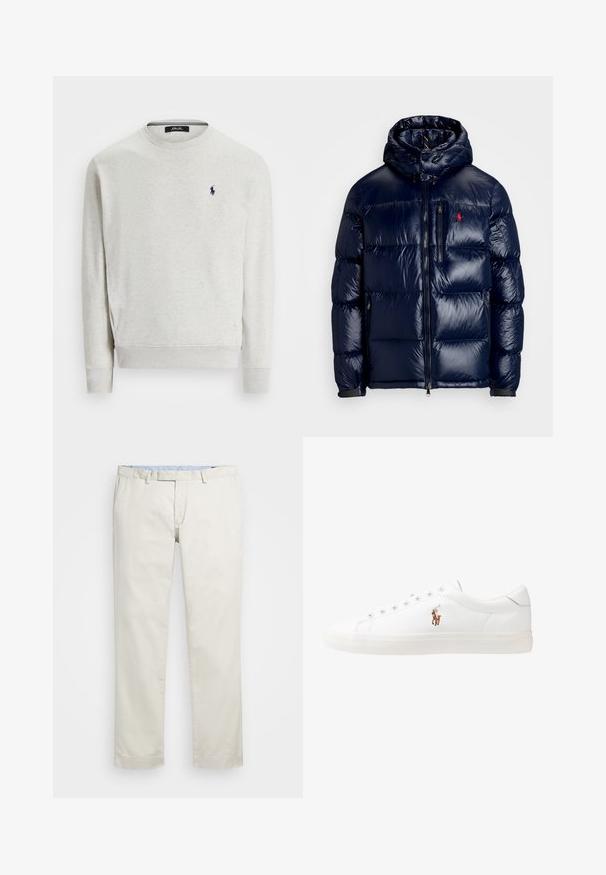 Temno modra puhovka s sijočo površino, opremljena s kapuco, z zadrgo spredaj in majhnim logotipom na levem prsnem delu. Ima strukturirano prešito zasnovo.; Svetlo sivi pulover iz mešanice bombaža, z okroglim izrezom, dolgimi rokavi in mornarsko modrim izvezenim logotipom na prsih.; Bežna bombažna chinosa z ravnim sprednjim delom, zankami za pas in stranskimi žepi. Dizajn z ravnimi nogavicami z gladko teksturo in lahkotnim, zračnim občutkom.; Bela usnjena teniski čevlji, nizki model, z gladko teksturo, okrogle konice, vezavi spredaj ter majhnim vezenim logotipom na strani.