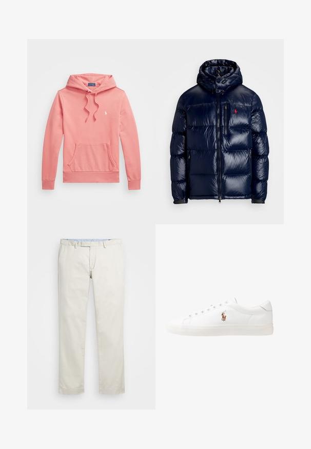 Casaco puffer azul-marinho com um acabamento brilhante, apresentando um capuz, fecho frontal com zíper e um pequeno logotipo no lado esquerdo do peito. Design acolchoado texturizado.; Sweatshirt rosa com cordão, bolso frontal e punhos canelados. Apresenta um pequeno logotipo branco no lado esquerdo do peito. Feito de material de algodão suave.; Chinos de algodão bege com frente plana, passantes para cinto e bolsos laterais. Design de perna reta com uma textura suave e uma sensação leve e respirável.; Sapatilhas de couro brancas, design de cano baixo, com textura suave, biqueira redonda, atacadores à frente e um pequeno logótipo bordado na lateral.