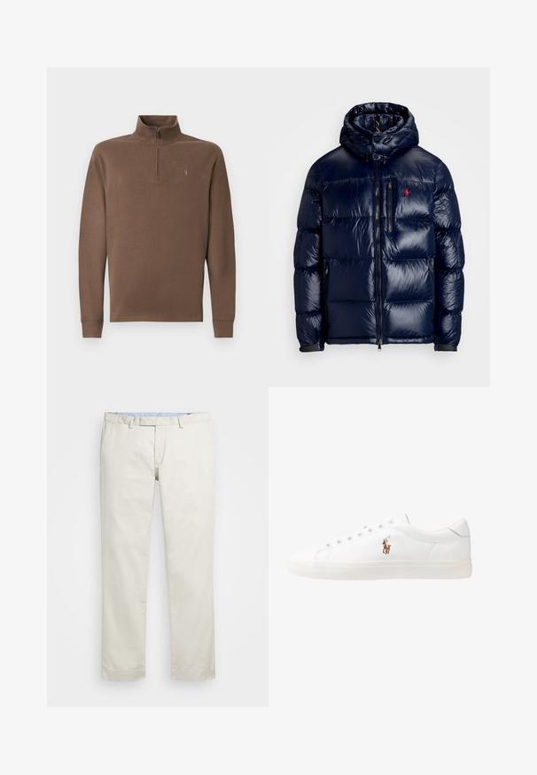 Veste matelassée bleu marine avec une finition brillante, dotée d'une capuche, d'une fermeture éclair à l'avant et d'un petit logo sur la poitrine gauche. Design matelassé texturé.; Pull marron avec un col montant et une fermeture éclair, fabriqué en matériau doux. Présente des manches longues et un petit logo sur la poitrine.; Chino en coton beige avec une taille plate, des passants de ceinture et des poches latérales. Coupe droite avec une texture lisse et une sensation légère et respirante.; Baskets en cuir blanc, design bas, avec une texture lisse, bout rond, lacets à l'avant et un petit logo brodé sur le côté.
